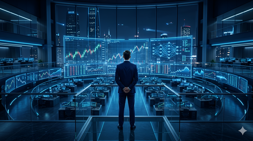 Futuristic trading floor with holographic charts representing the future of AI in trading