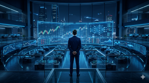Futuristic trading floor with holographic charts representing the future of AI in trading