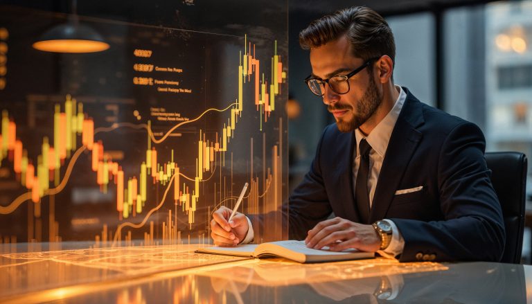 A man in a suit writes in a notebook at a modern desk, with glowing financial charts projected in the background, conveying a focused atmosphere, representing **KI Trading Bot** technology and automated trading analysis.